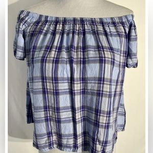 Express Periwinkle Blue Plaid Elastic Neckline Off The Shoulder Blouse Size XS